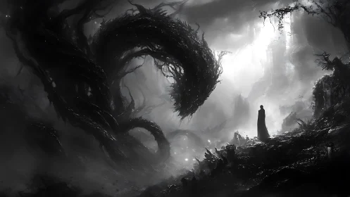 Monochrome scene with cloaked figure and coiled entity.