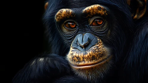 Close frontal portrait of chimpanzee against dark background.