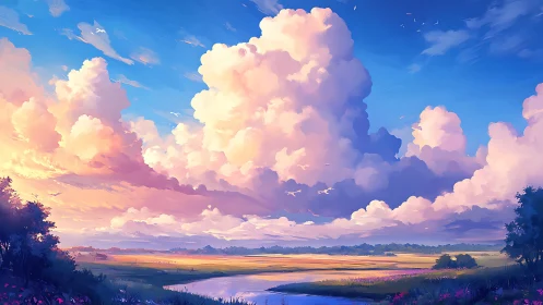 Digital painting of luminous cloudscape over pastoral river plain.