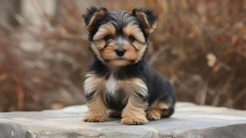 Small fluffy puppy sits on stone ledge in soft focus garden