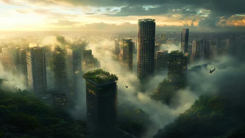 Misty green skyscraper city where nature softens the skyline.