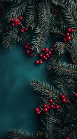 Evergreen fir branches and red berries frame matte teal background
