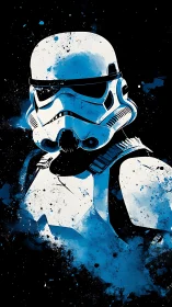 Abstract blue splatter portrait of sci‑fi armored helmet figure