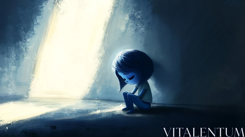 Blue-toned child figure seated in light shaft interior.