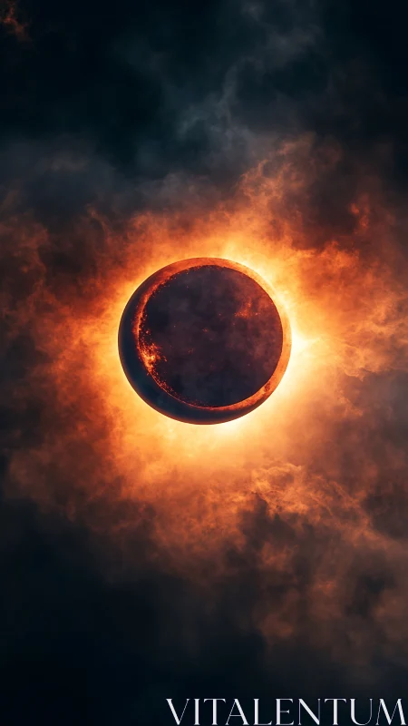Solar eclipse concept with fiery corona and dark clouds.