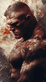 Scarred titan pauses mid-storm, carved from splintered dusk