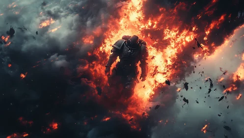 Armored space warrior descending through burning clouds.