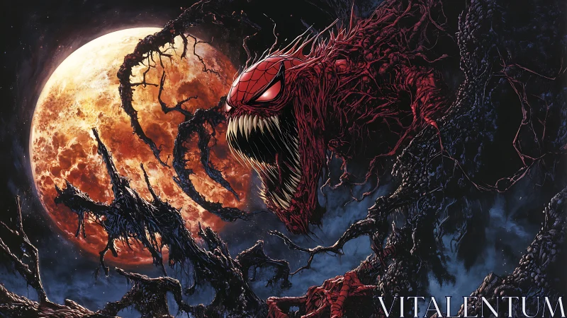 Blood-red web fiend lunges beneath a burning hunter’s moon