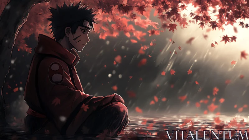 Solitary anime warrior meditates beneath crimson leaves.
