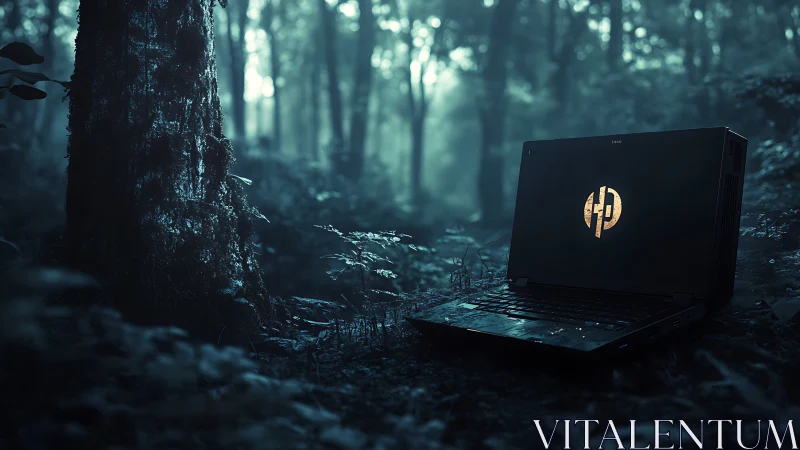 Open laptop with glowing logo in dark forest setting.
