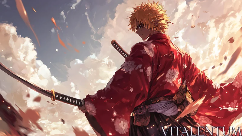 Backlit samurai swordsman in dynamic cloudscape composition.