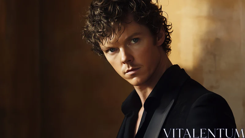 Curly haired man in dark blazer under warm studio lighting