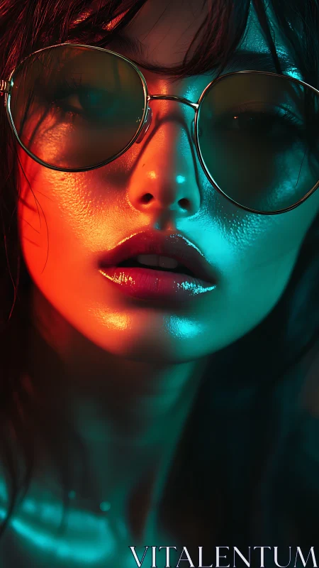 Neon drenched gaze in mirrored shades and electric glow.