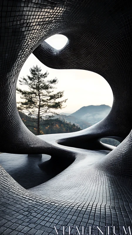 Futuristic tiled pavilion framing misty mountain landscape.