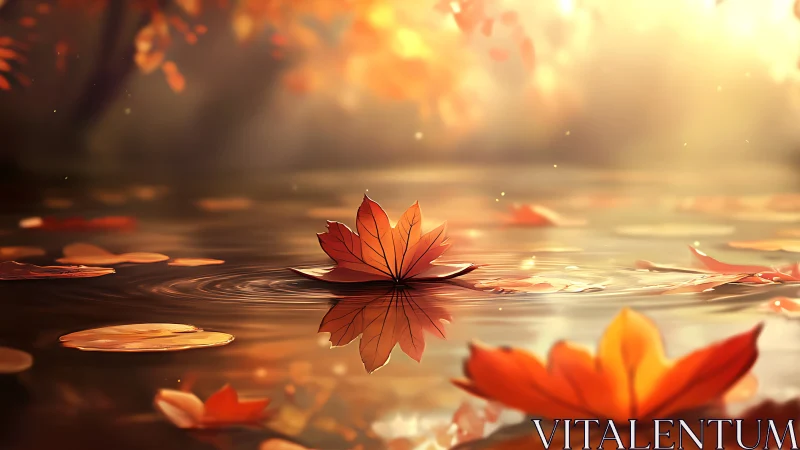 Autumn leaf afloat on rippling water in warm backlighting