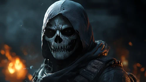 Hooded skull-masked warrior glares through drifting battlefield fire