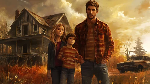 Autumn-lit family stands before weathered farmhouse of secrets.
