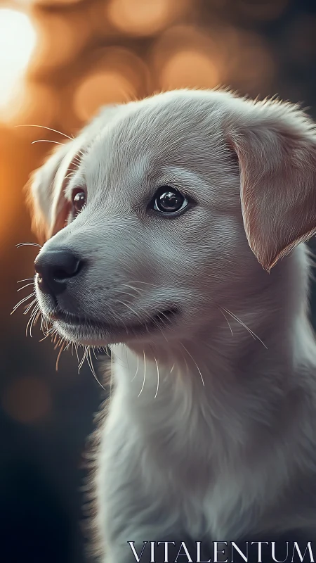 Side profile portrait of light-furred puppy at sunset.