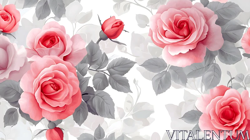 Pink garden roses with gray foliage rendered in layered digital painting technique.