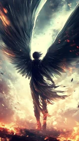 Dark-winged seraph rising through firelit storm skies.