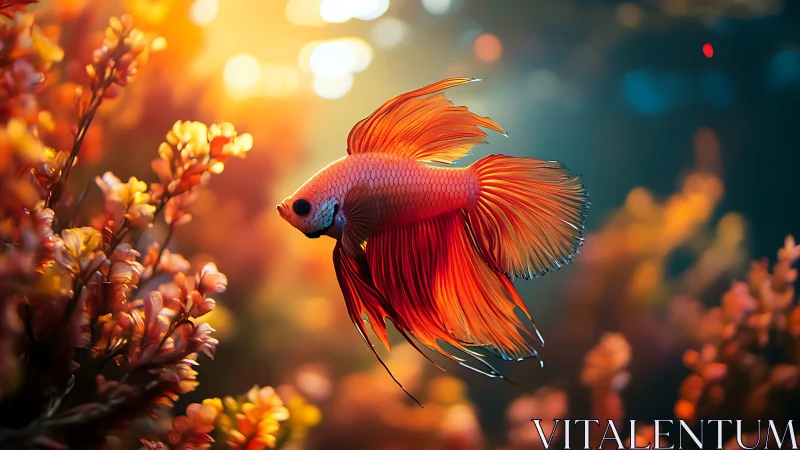 Flame-tailed betta drifts through sunlit coral confetti.
