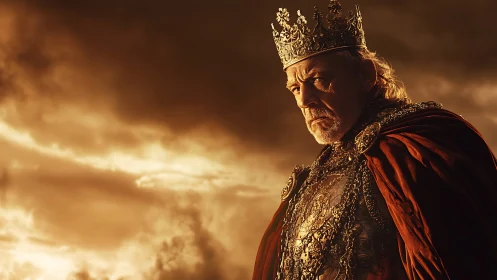 Stern older king in ornate crown under stormy sky.
