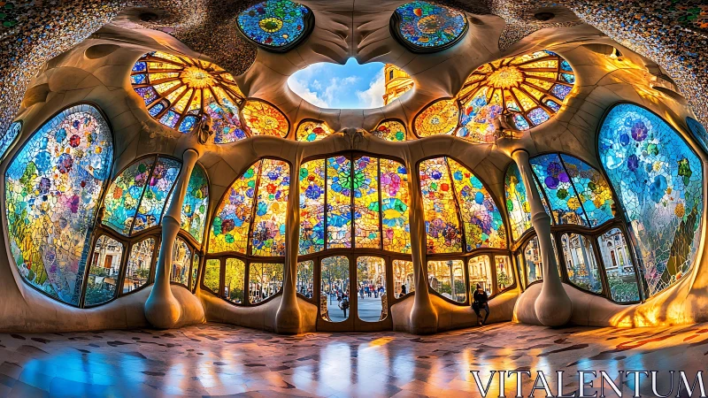 Panoramic organic interior with stained glass facade and columns