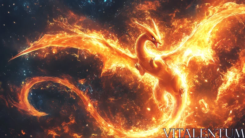 Fiery dragon arcs through cosmic inferno with blazing wings.