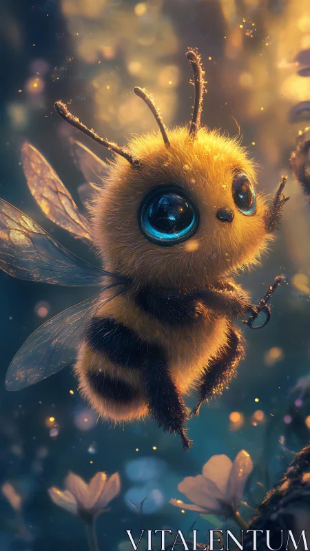 Digital illustration of stylized bee in glowing forest.