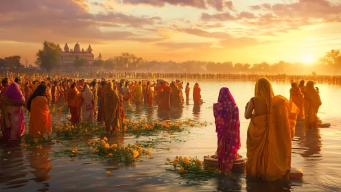 Sunrise river ritual with sari-clad devotees and floral offerings.