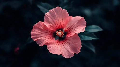 Pink hibiscus blossom with orange stamen against dark foliage background