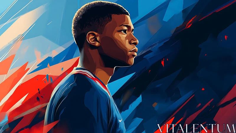 Focused young striker amid racing streaks of red and blue.