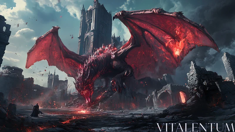Red dragon dominates ruined fortress while confronting lone figure