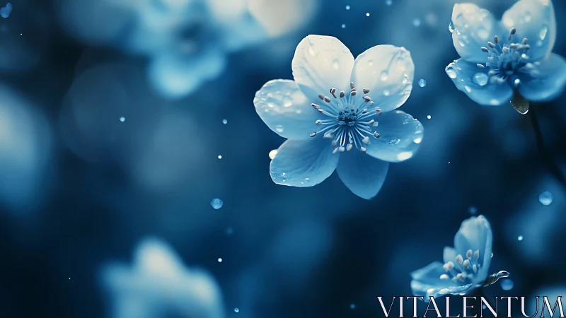 Blue flowers covered in water droplets against dark blurred background