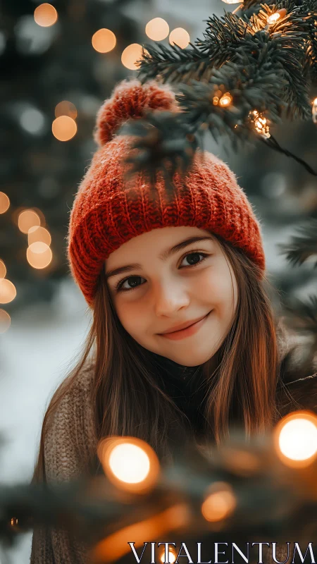 Smiling girl in red knit hat framed by glowing winter lights