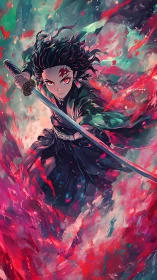 Fiery anime swordsman cuts through swirling crimson energy