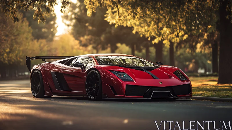 Low red supercar is parked on a tree-lined urban street