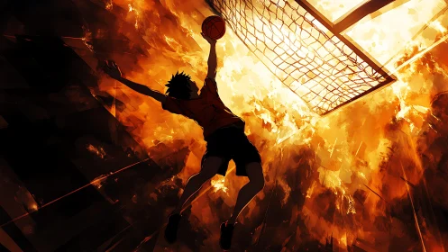 Fiery basketball dunk captured from a dramatic low angle.