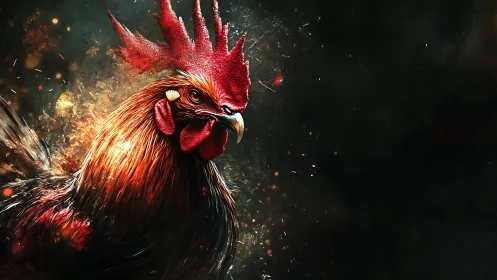 Rooster Head Emerges in Explosive Fire and Embers.