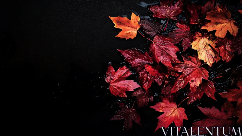 Wet crimson maple leaves glow softly against deep black