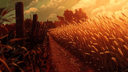 Golden hour wheat path renders cinematic rural perspective