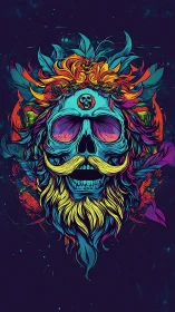 Psychedelic skull monarch crowned in neon cosmic flames.