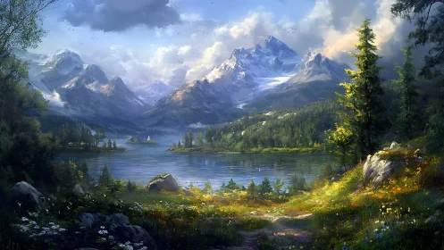 Digital landscape depicts alpine lake with distant snowy peaks