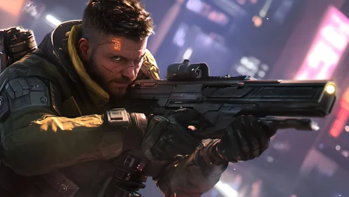 Cybernetic marksman aims scoped rifle in neon urban combat environment