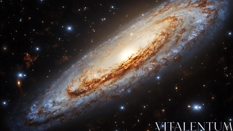 Edge-on spiral galaxy with bright core and dust lanes in space.
