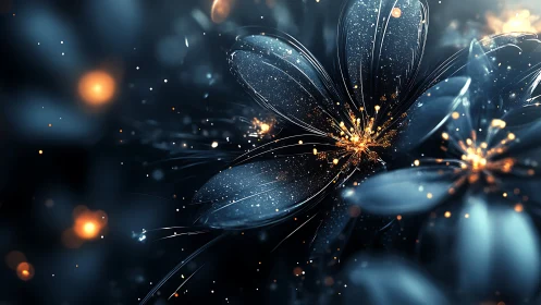 Luminous blue flowers glow with sparkling cosmic energy