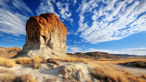 Monolithic sandstone butte under stratified cirrus cloud field