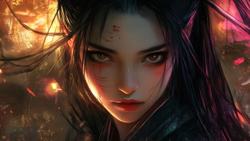 Fierce warrior woman stares through embers and neon light