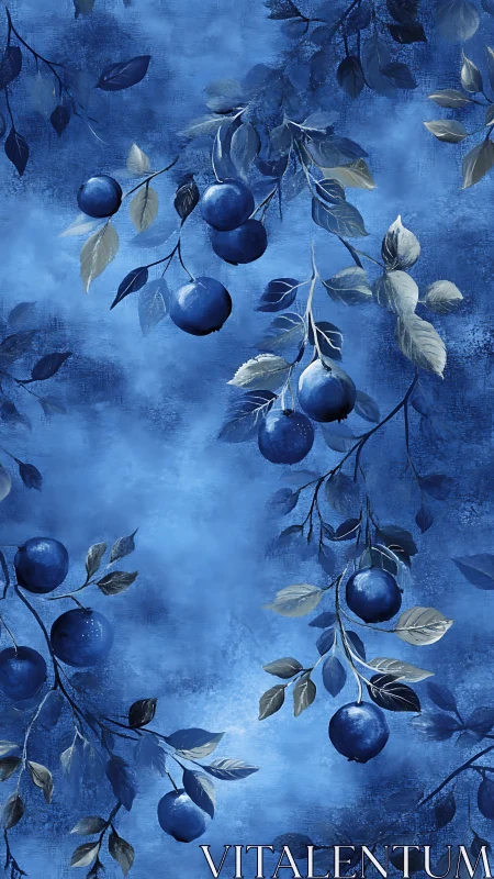 Monochrome blue fruit branches on textured painterly background.