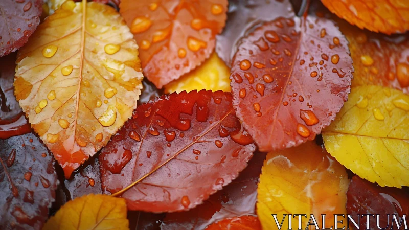 Autumn leaves with raindrops in vivid close-up pattern.